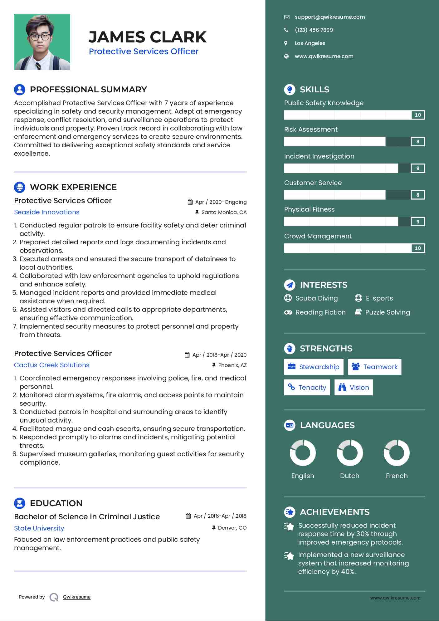 Protective Services Officer Resume Example