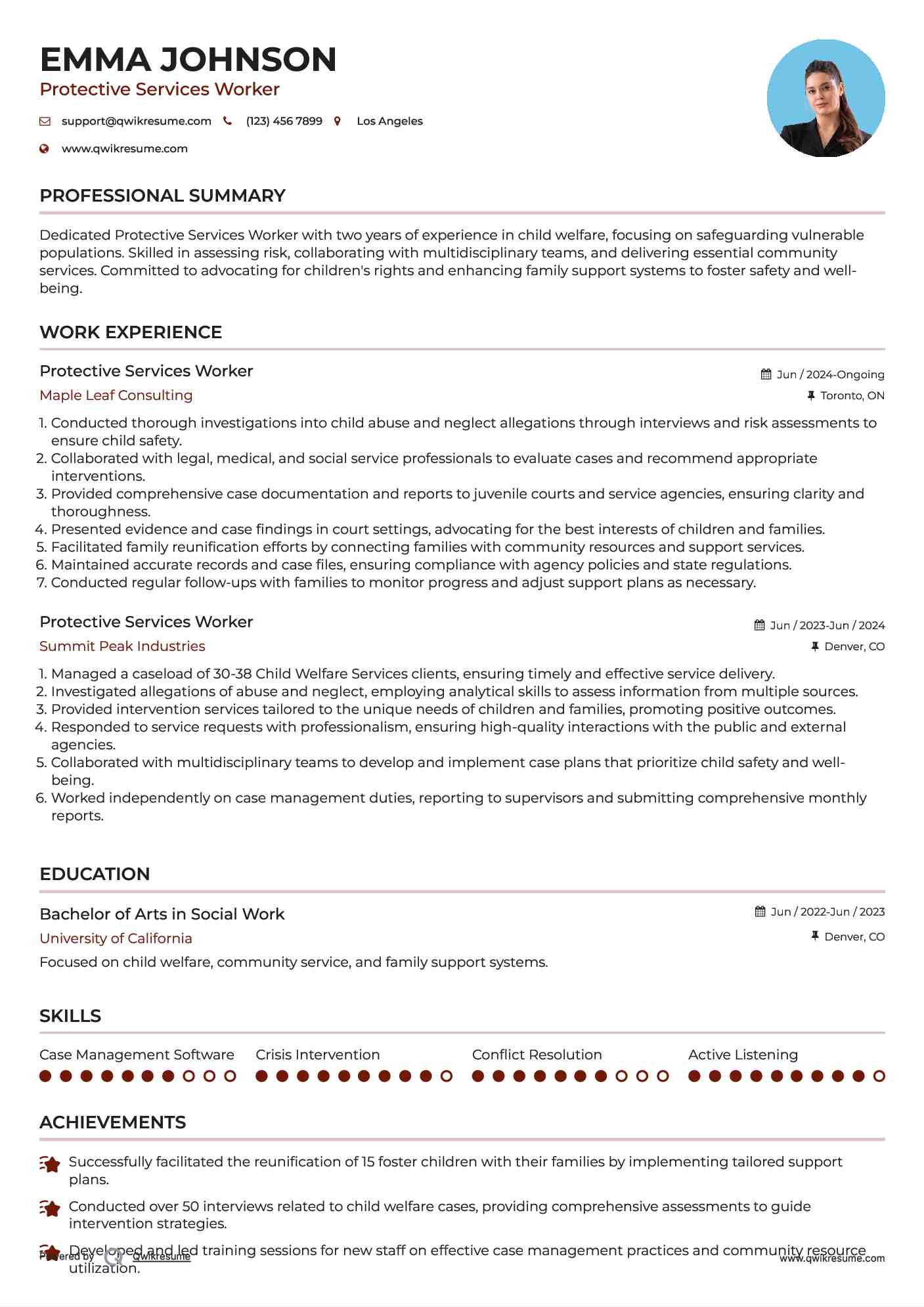 Protective Services Worker Resume Sample