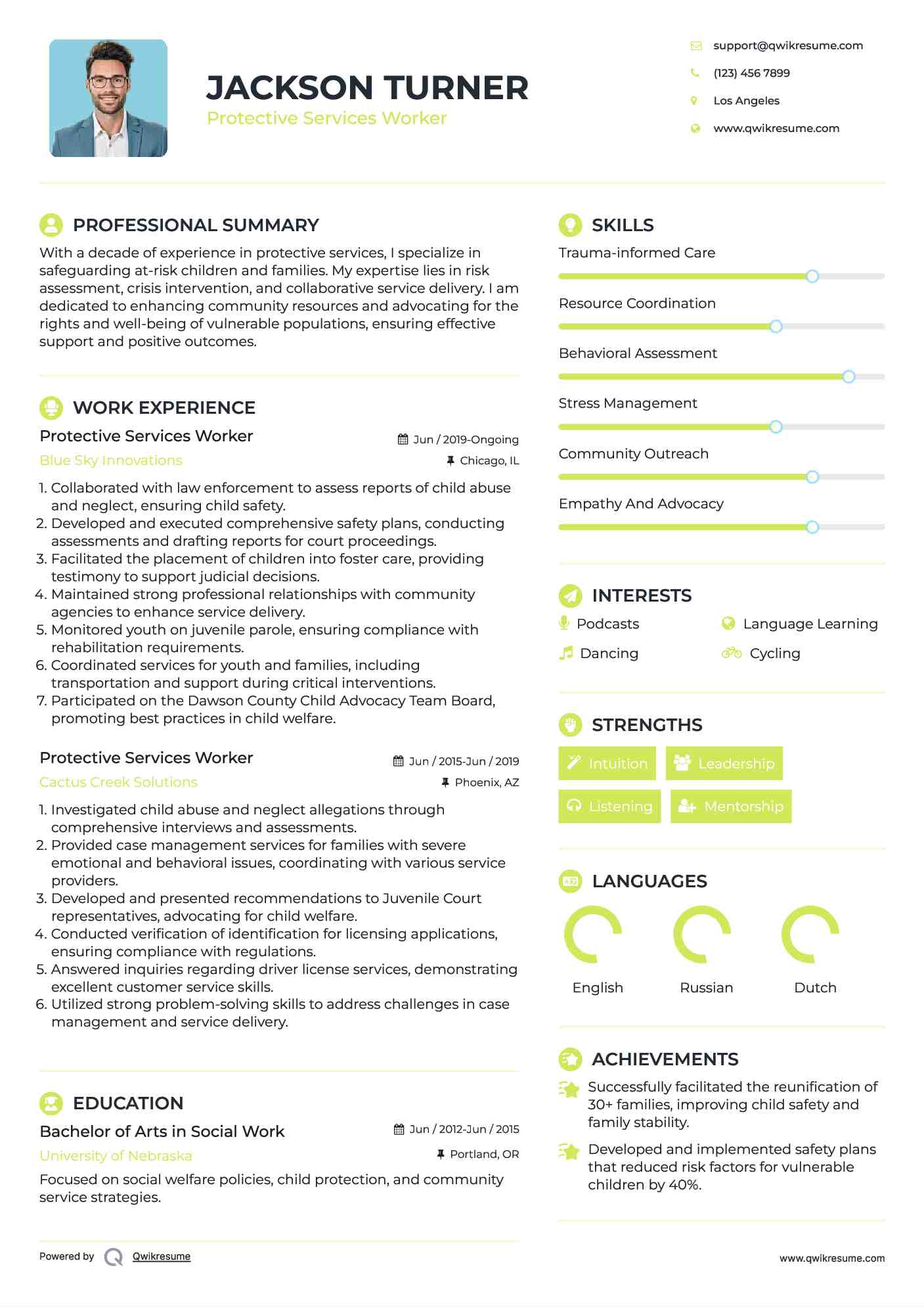 Protective Services Worker Resume Example