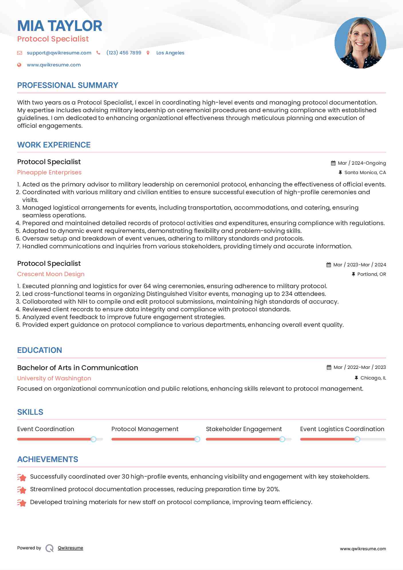 Protocol Specialist Resume Example