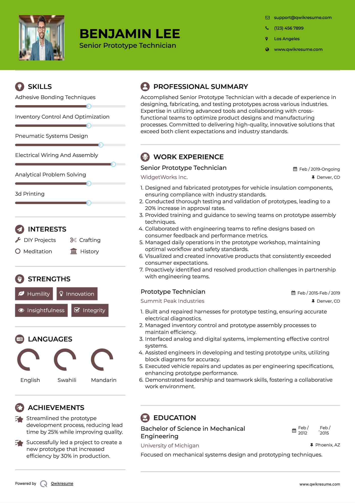 Senior Prototype Technician Resume Model
