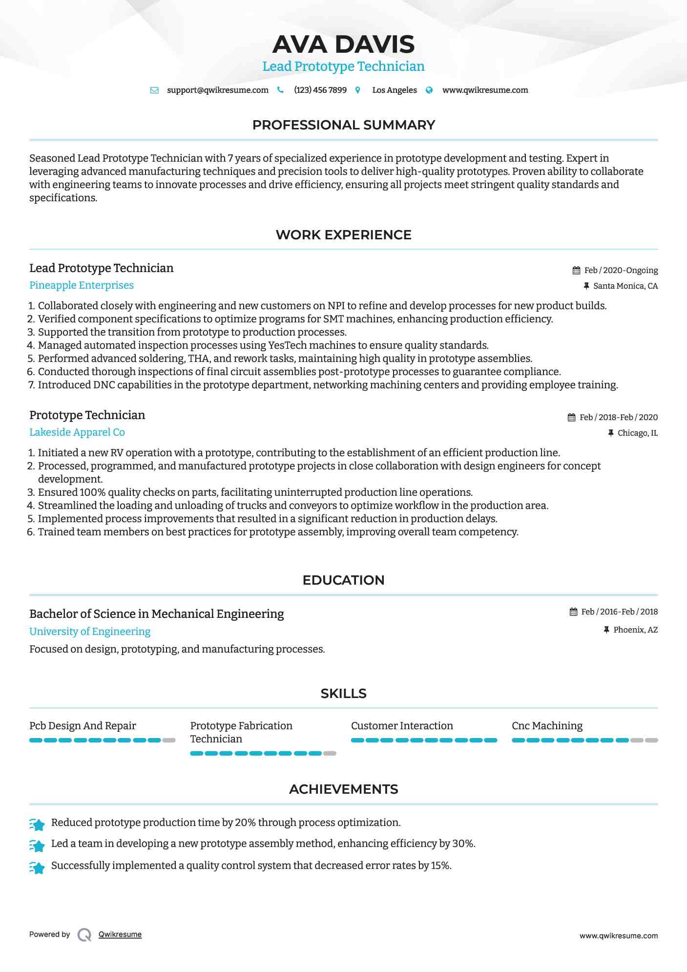 Prototype Technician Resume Samples QwikResume