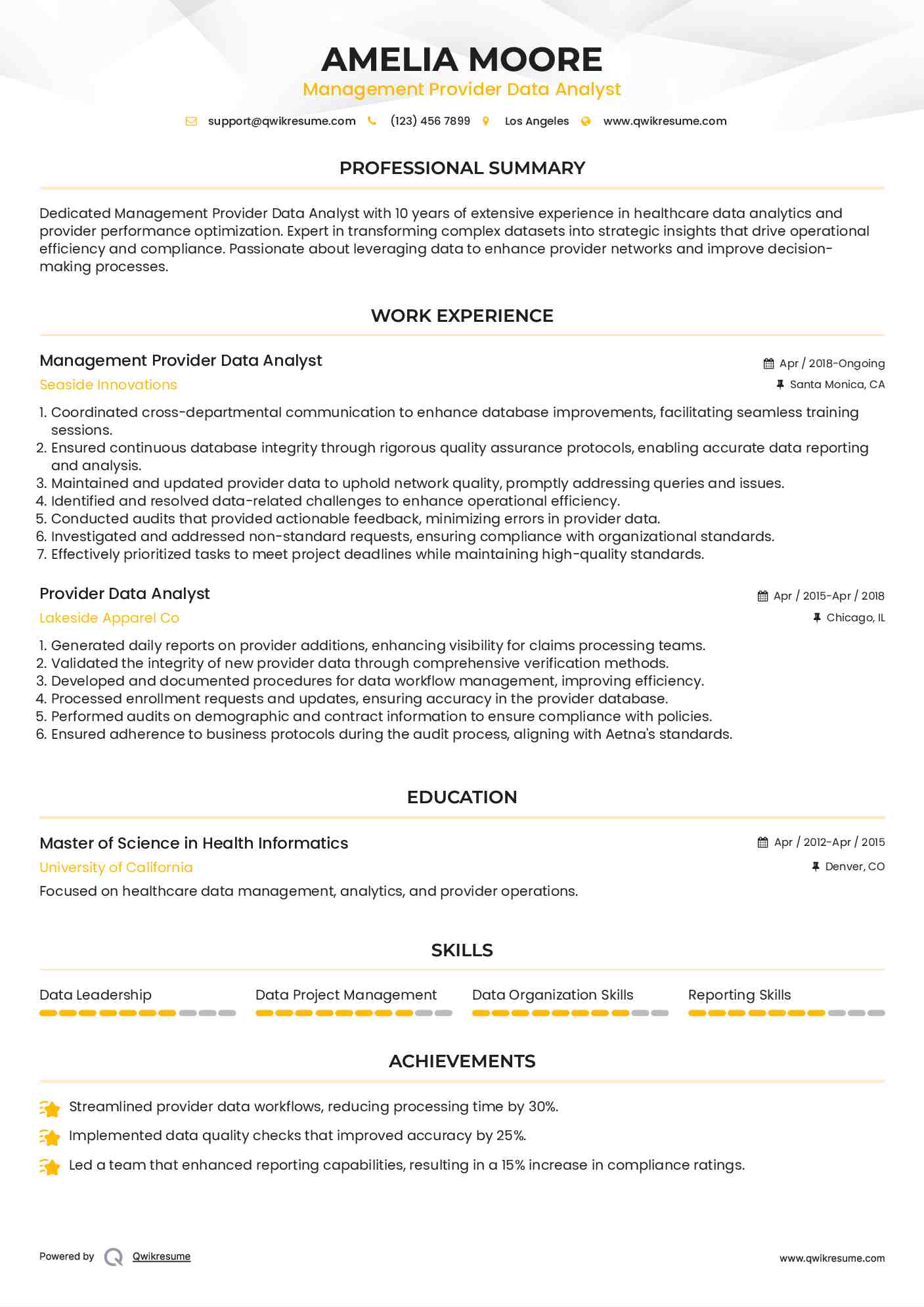 Management Provider Data Analyst Resume Example