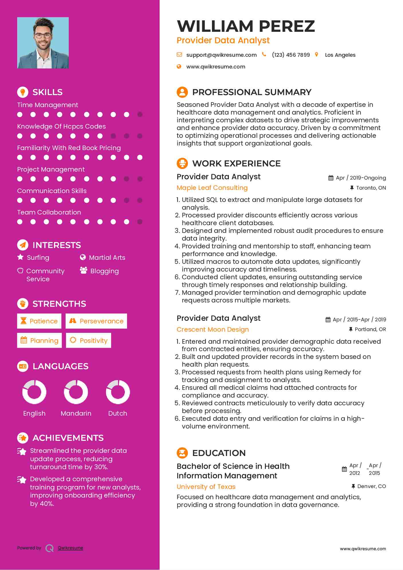 Provider Data Analyst Resume Example