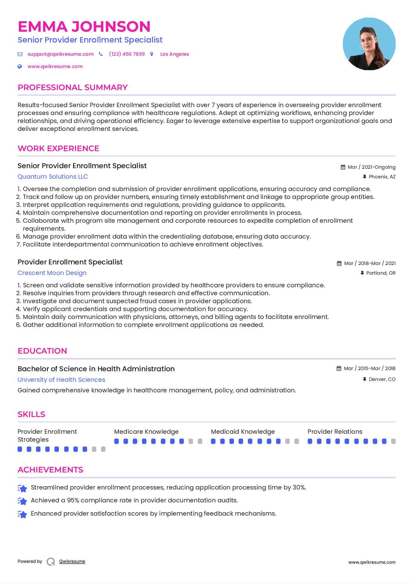 Senior Provider Enrollment Specialist Resume Model