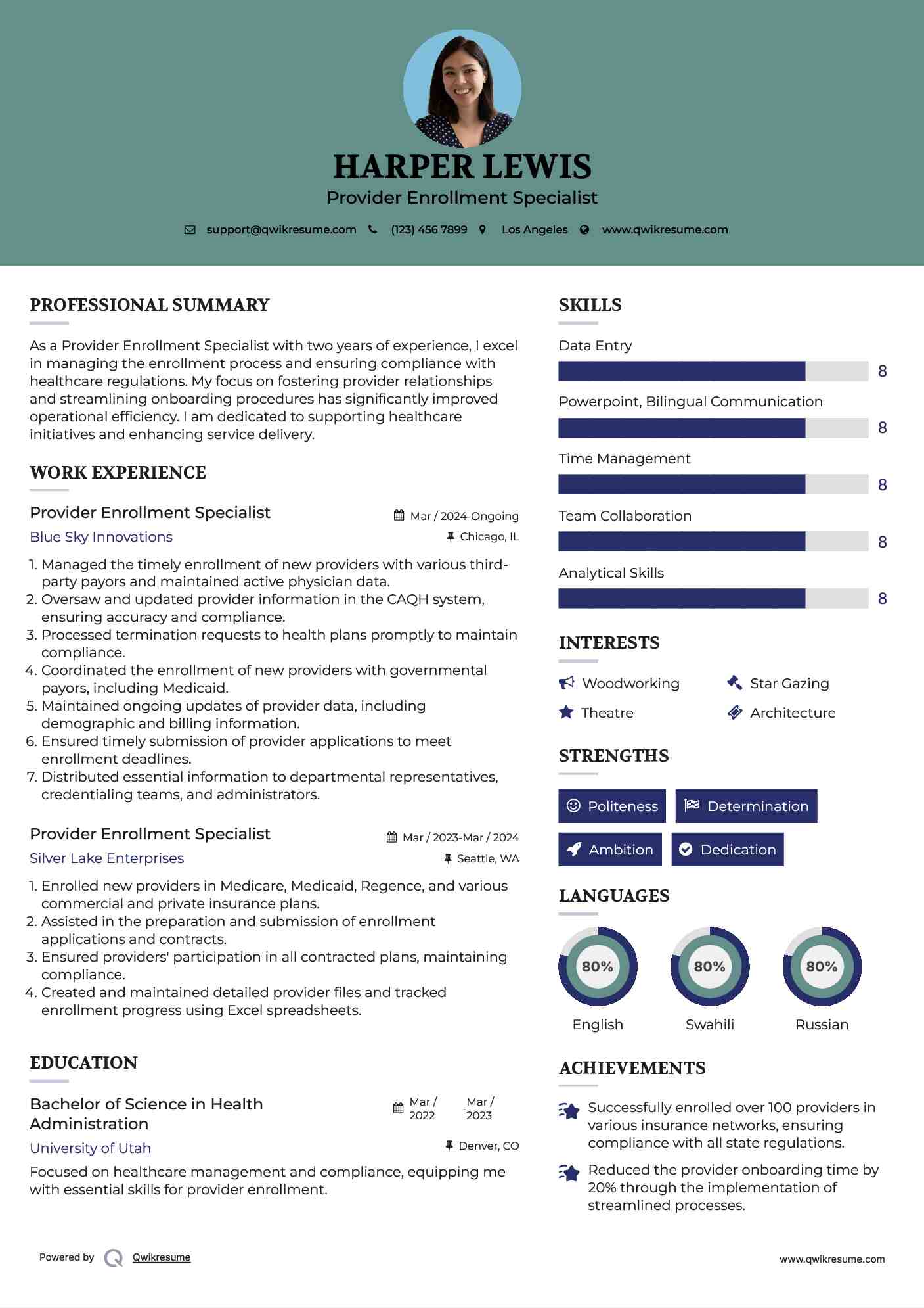 Provider Enrollment Specialist Resume Model