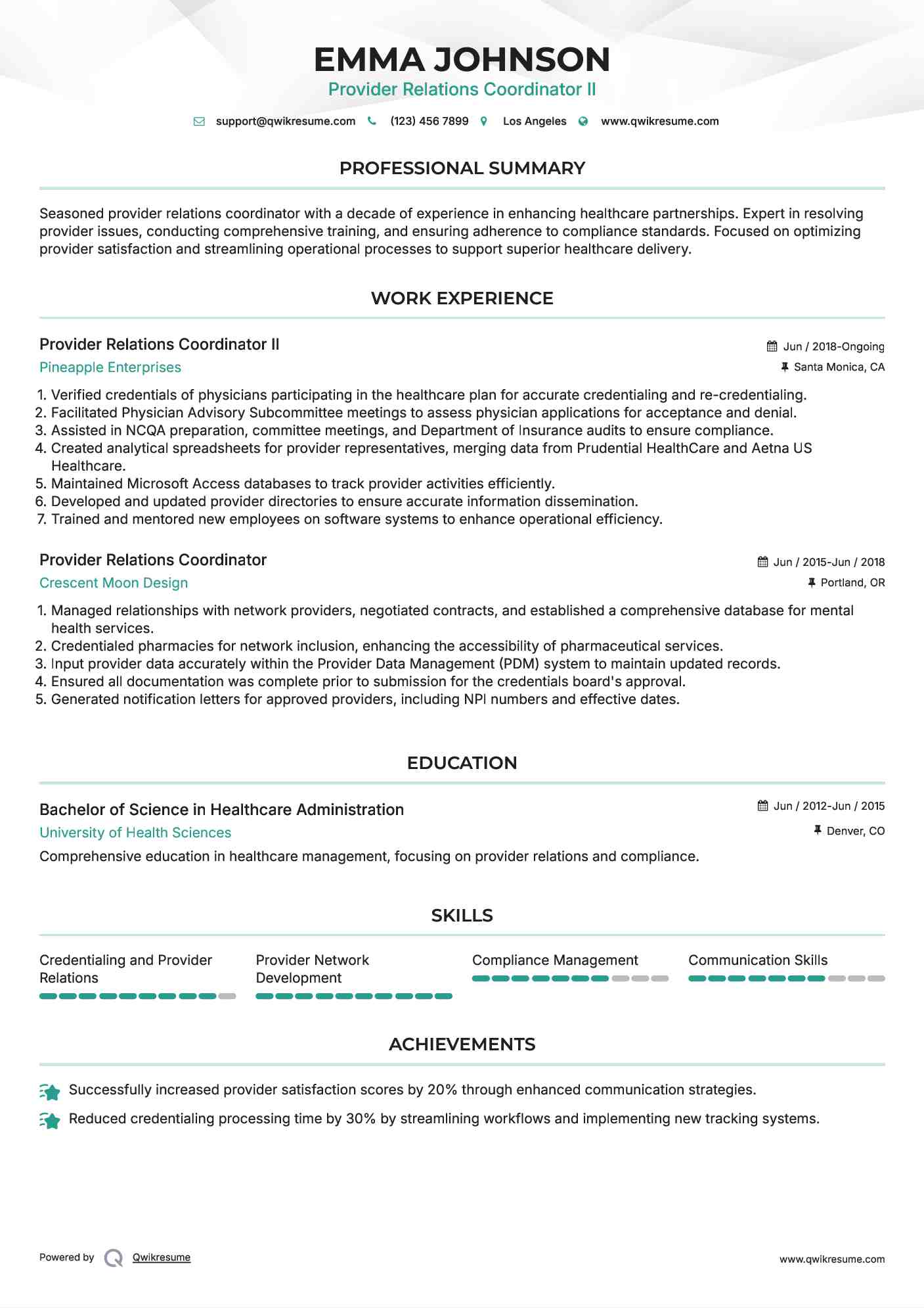 Provider Relations Coordinator II Resume Sample