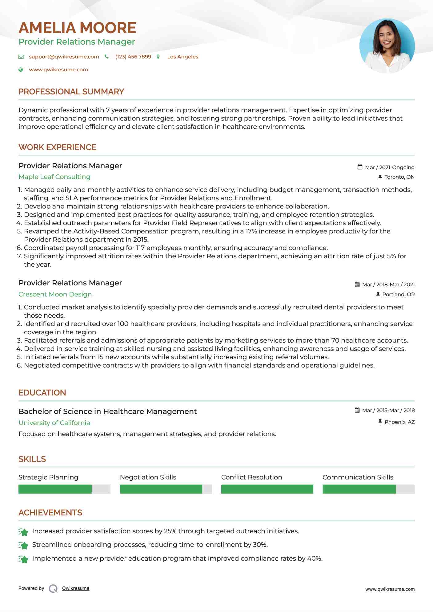 Provider Relations Manager Resume Sample