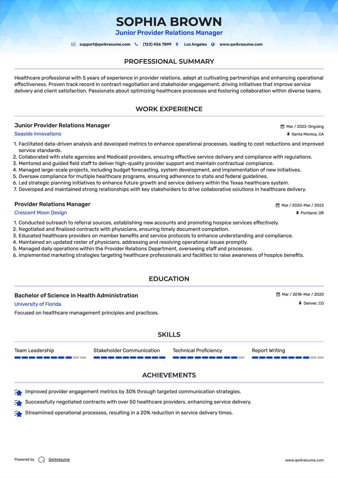 Junior Provider Relations Manager Resume Template