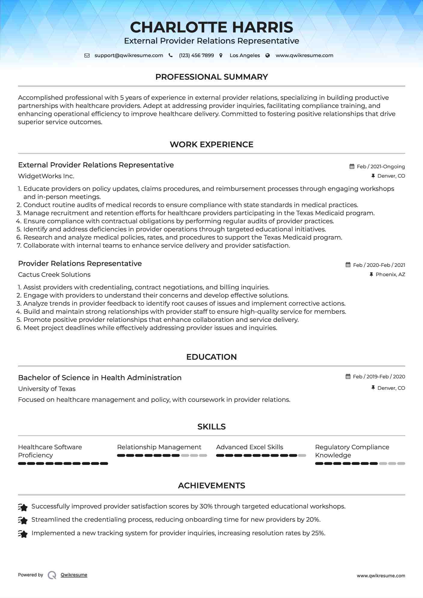 External Provider Relations Representative Resume Format