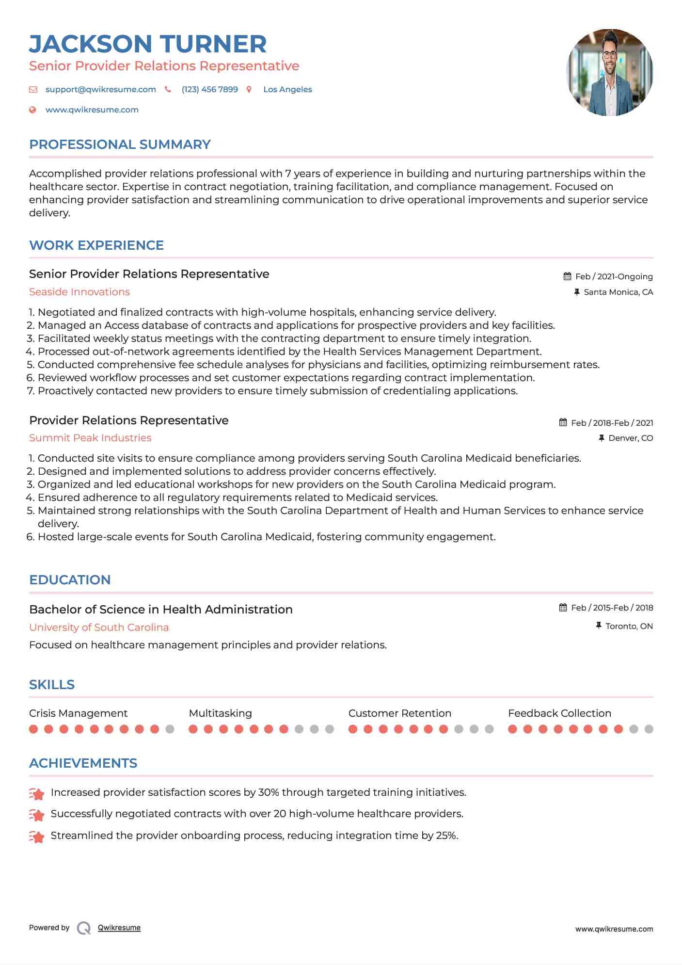 Senior Provider Relations Representative Resume Example