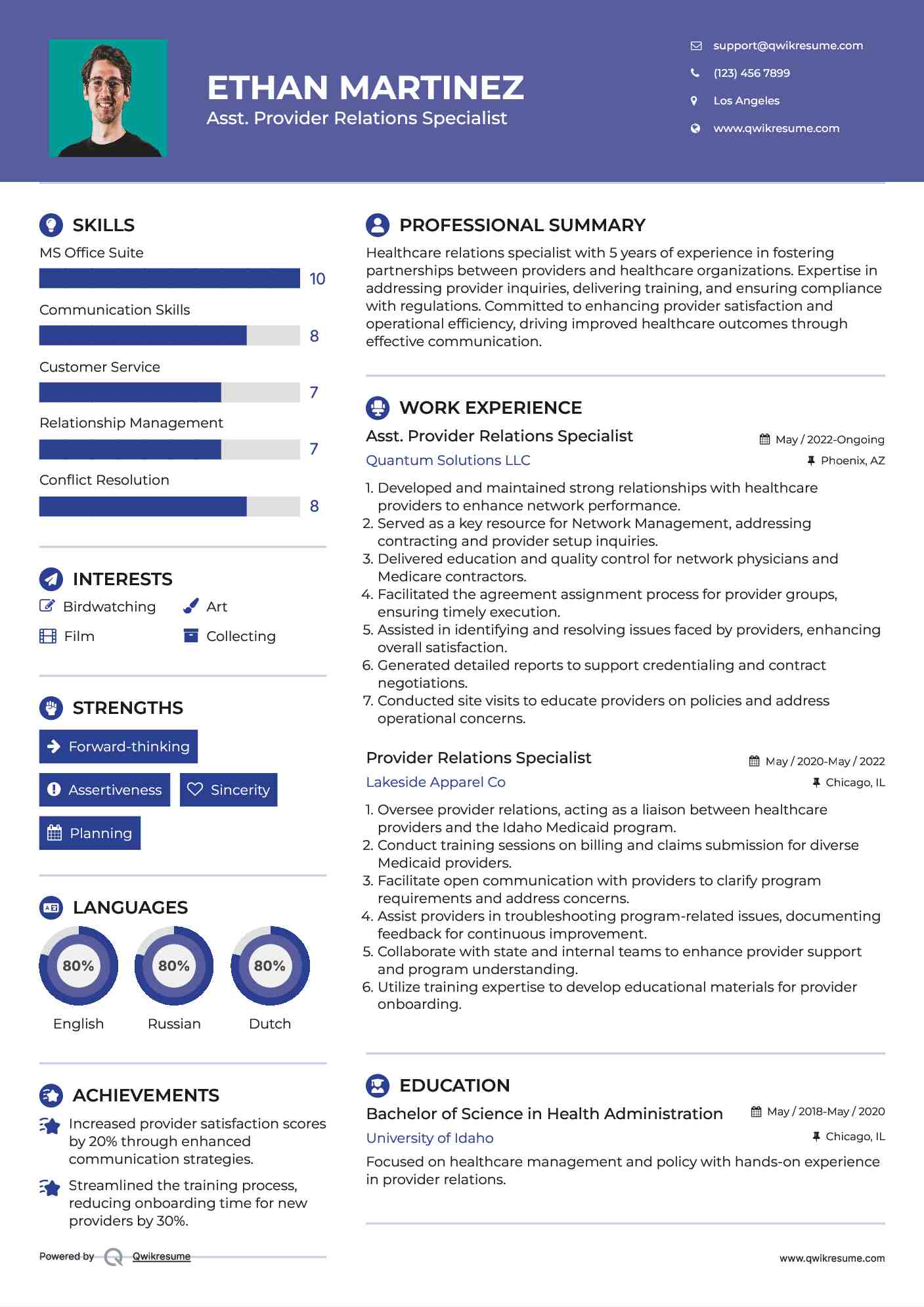 Asst. Provider Relations Specialist Resume Example