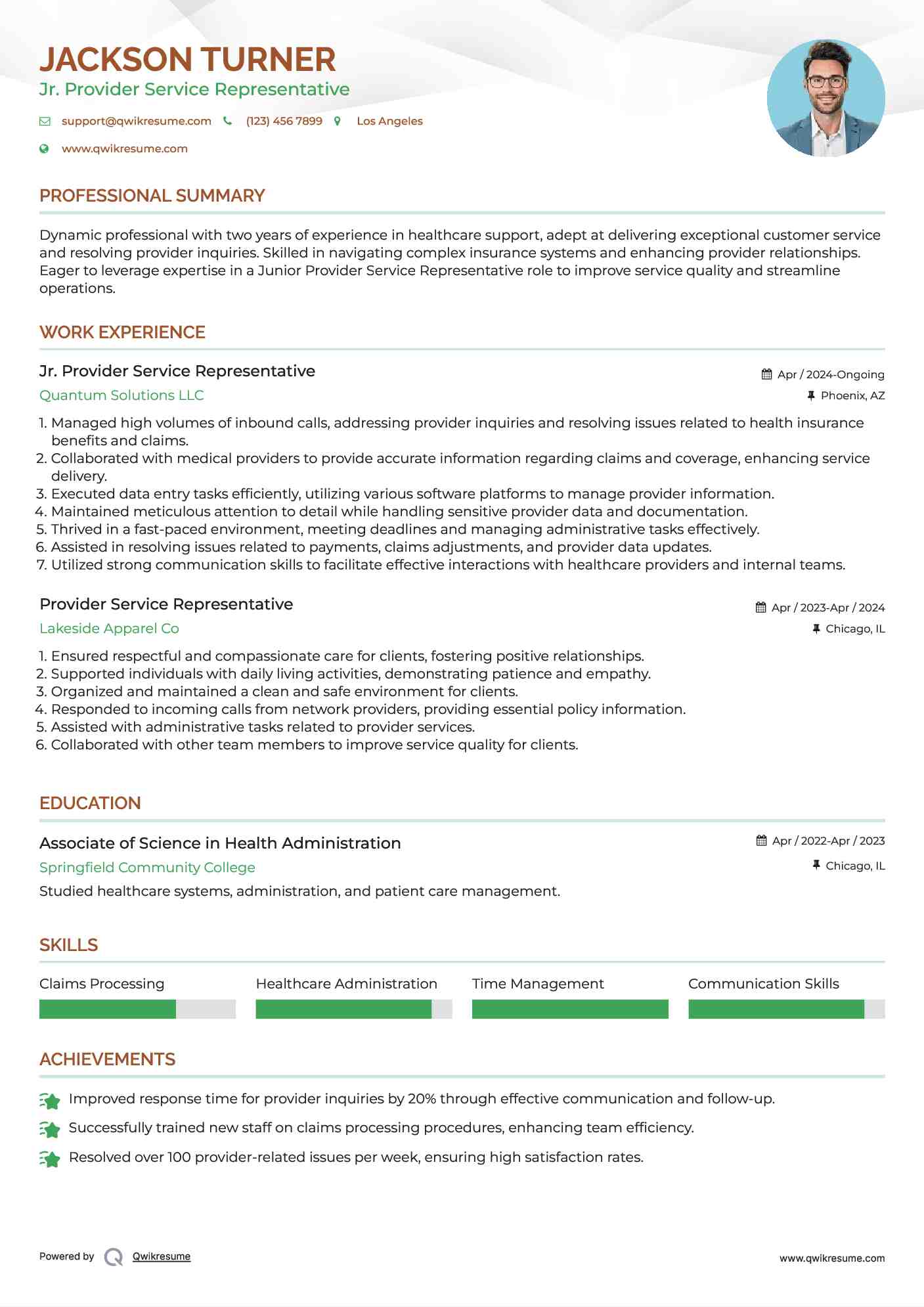 Jr. Provider Service Representative Resume Template
