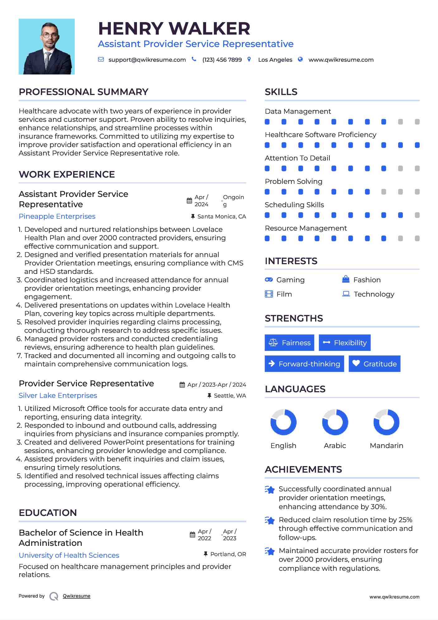Assistant Provider Service Representative Resume Sample