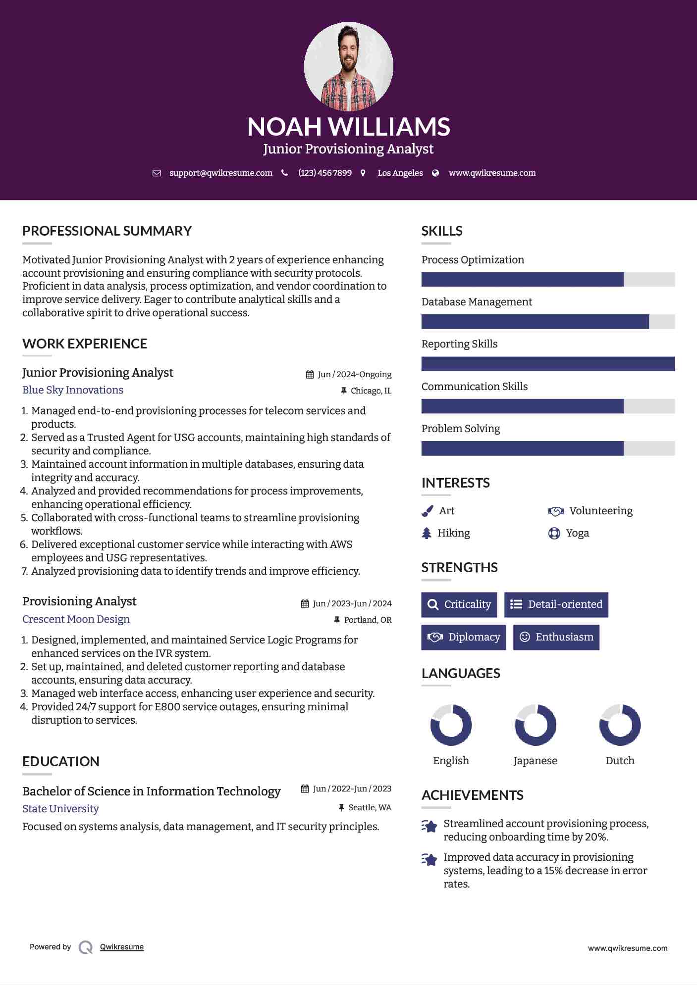 Junior Provisioning Analyst Resume Example