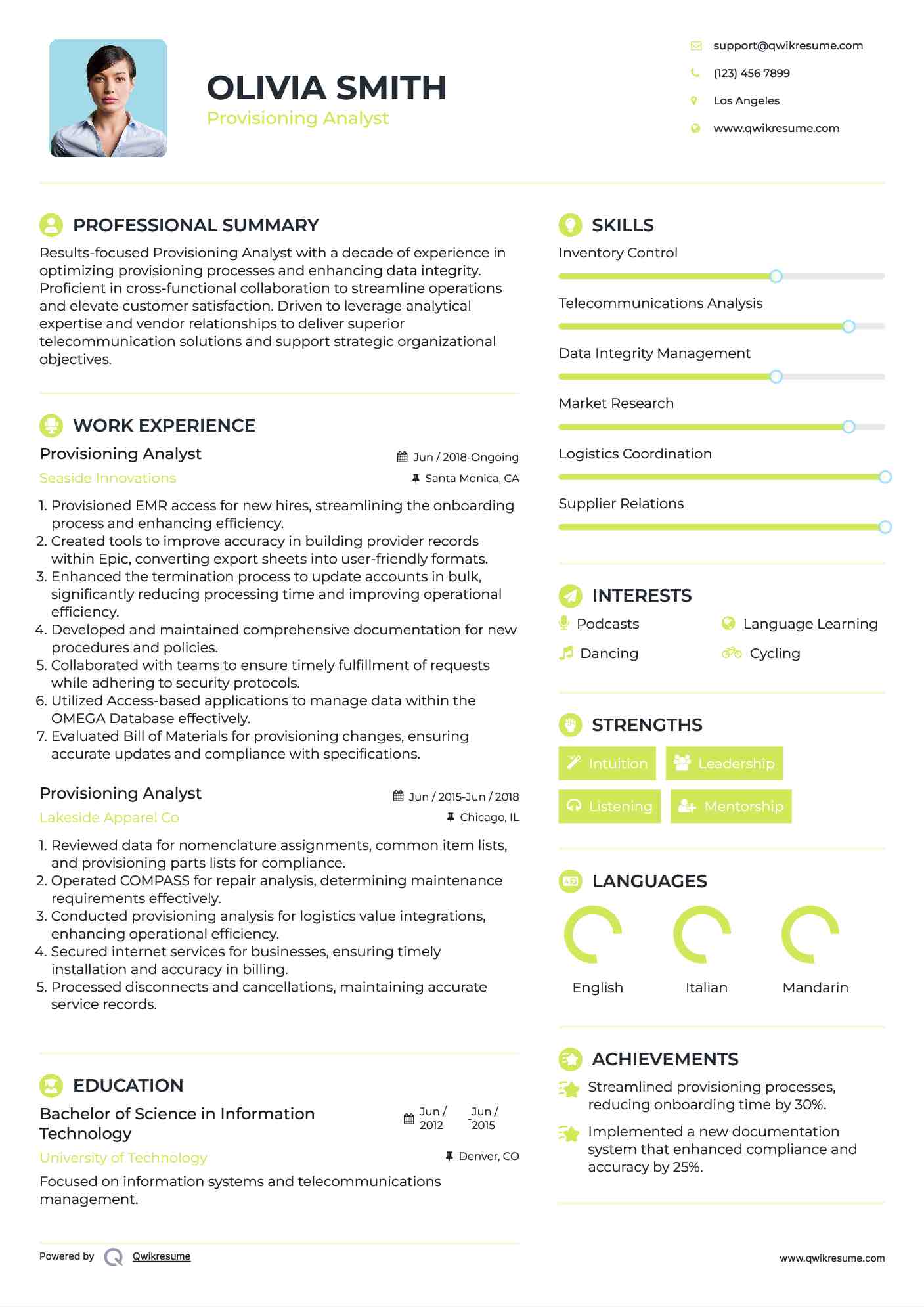 Provisioning Analyst Resume Template