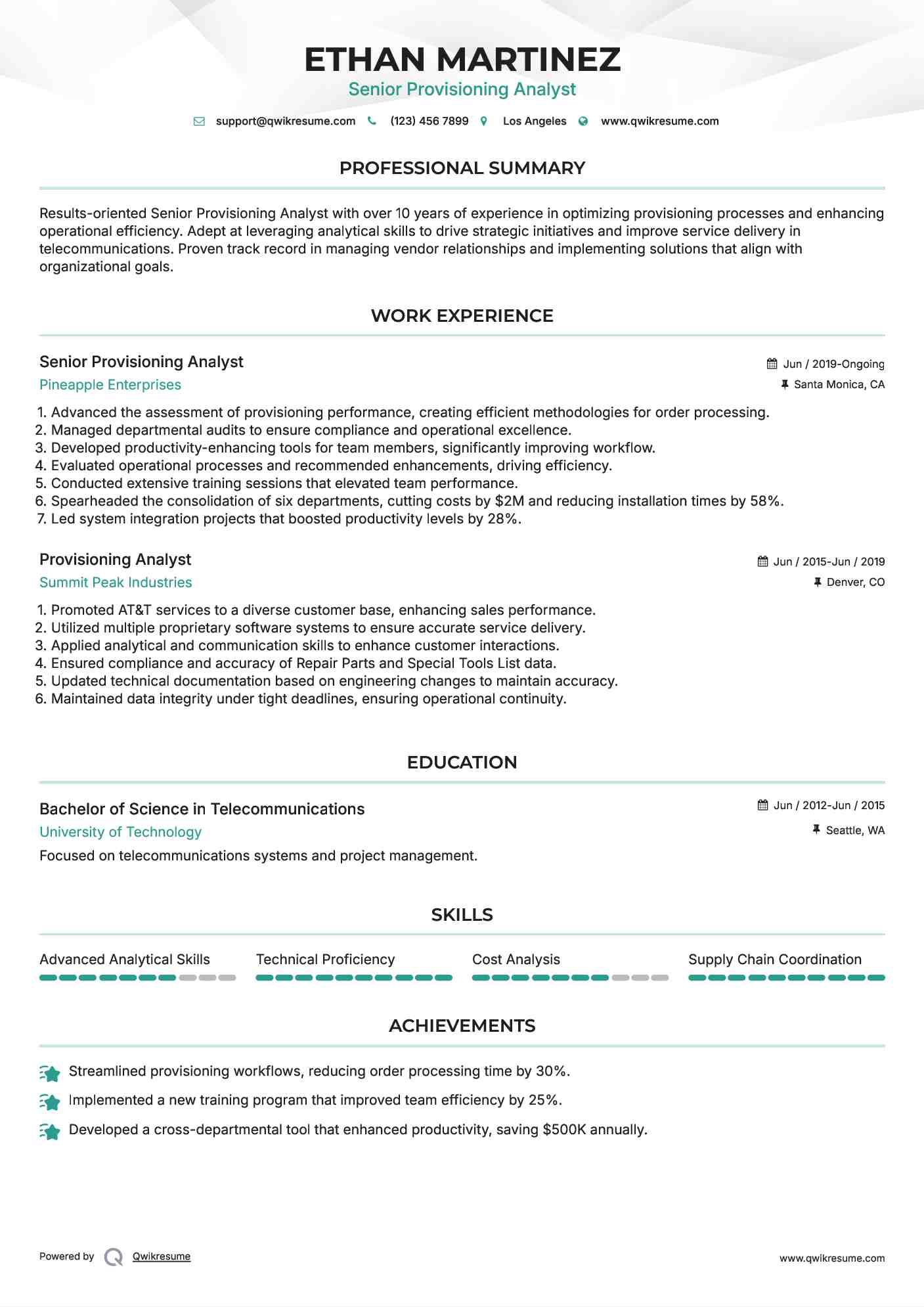 Senior Provisioning Analyst Resume Sample