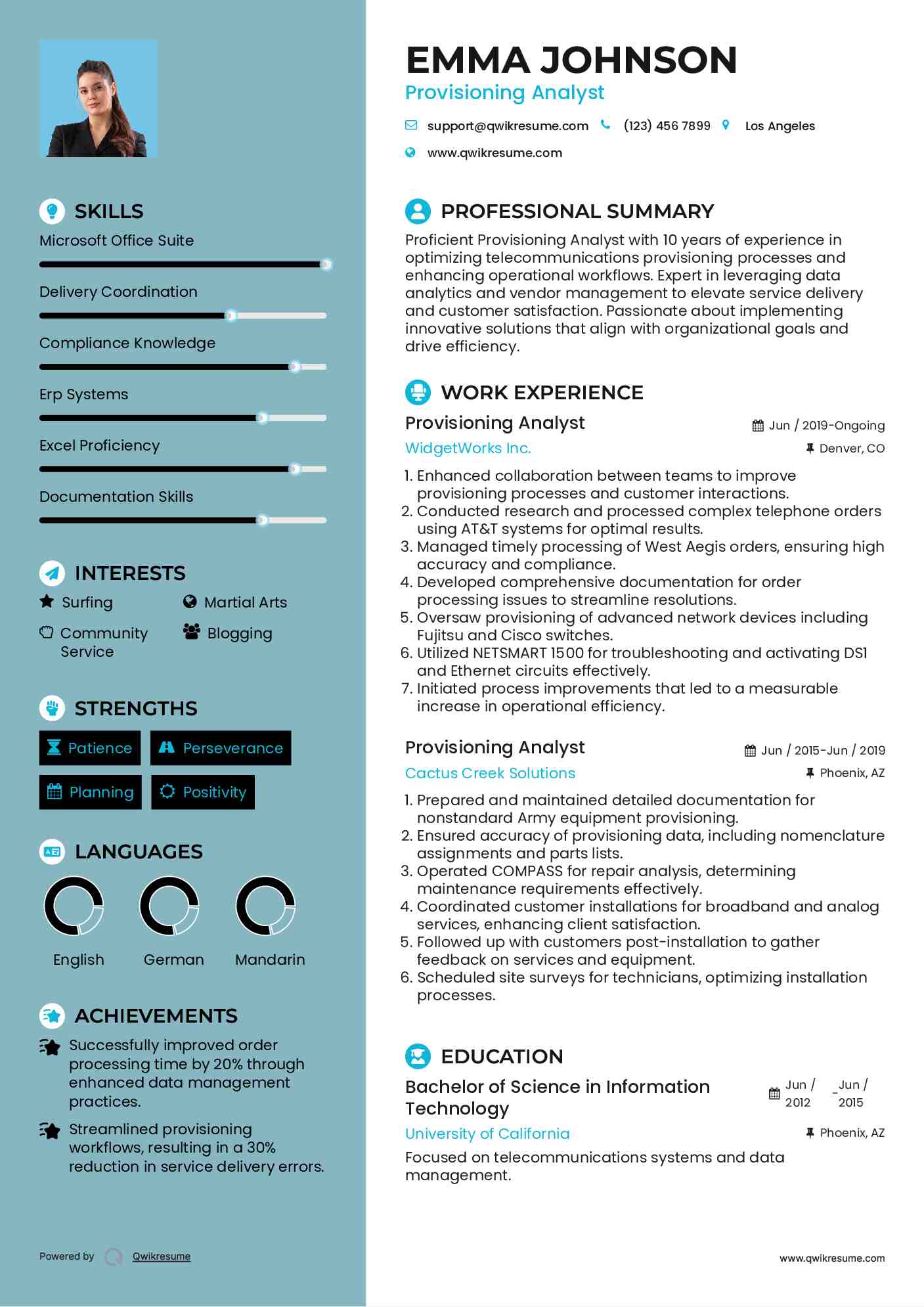 Provisioning Analyst Resume Sample