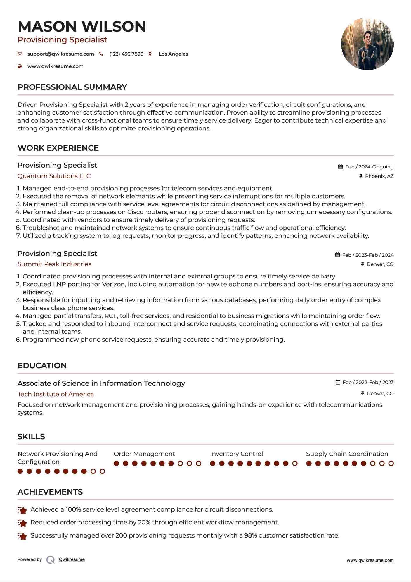 Provisioning Specialist Resume Example