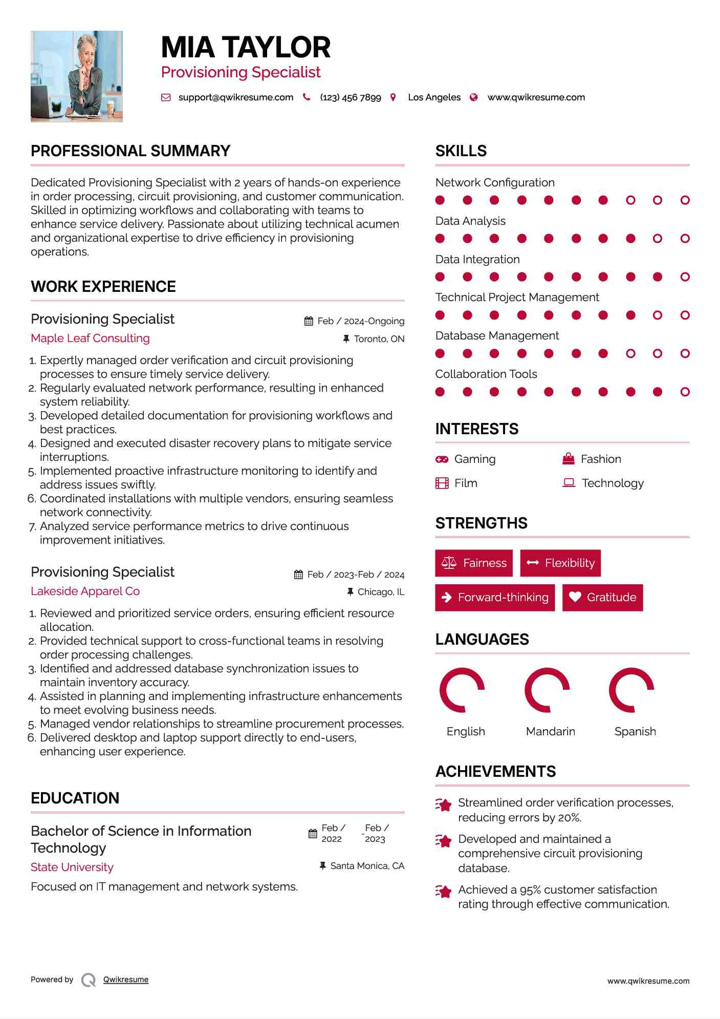 Provisioning Specialist Resume Example