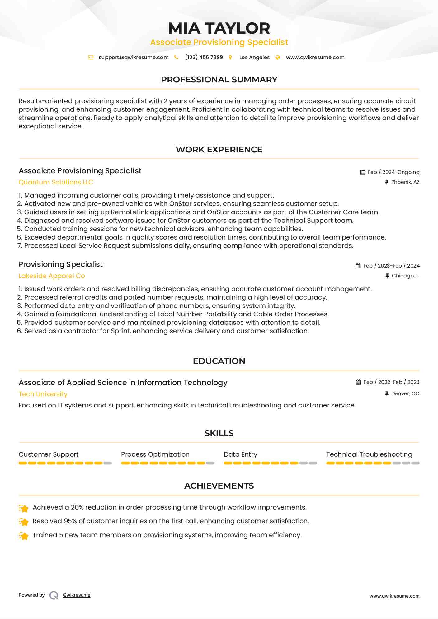 Associate Provisioning Specialist Resume Format