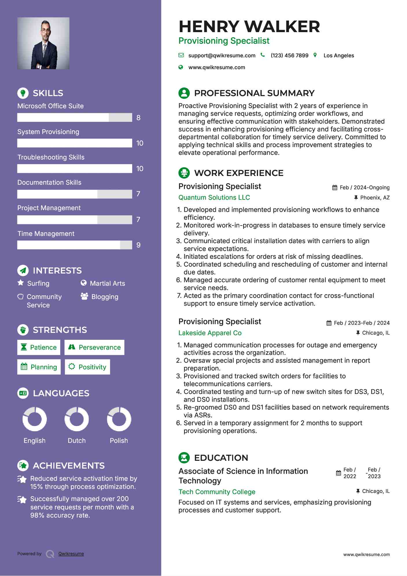 Provisioning Specialist Resume Sample