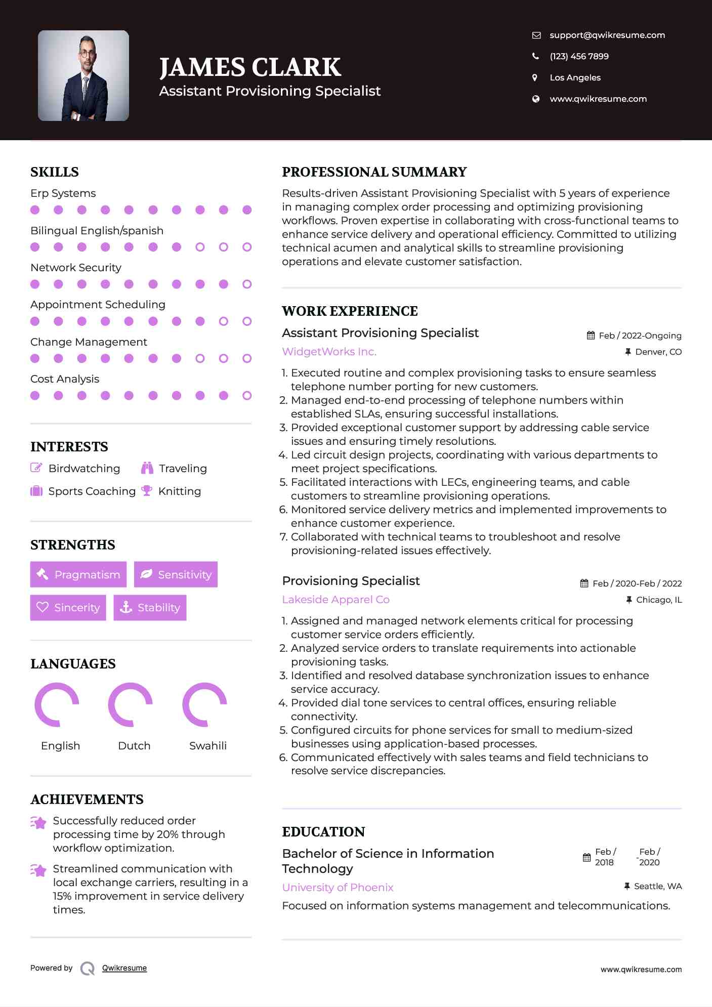 Assistant Provisioning Specialist Resume Model