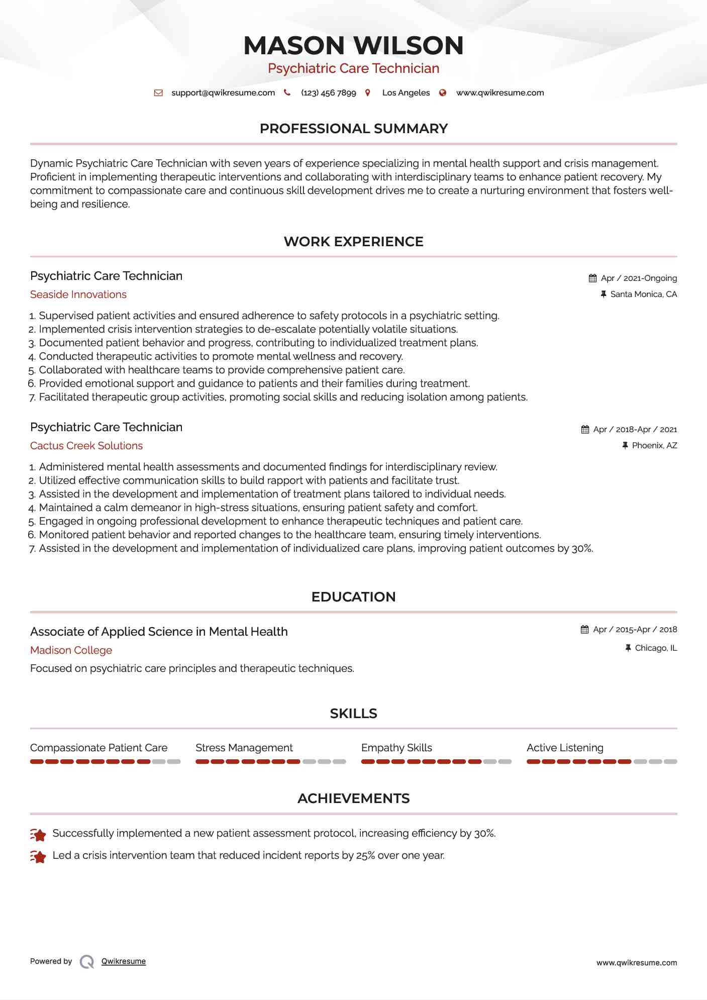 Psychiatric Care Technician Resume Model