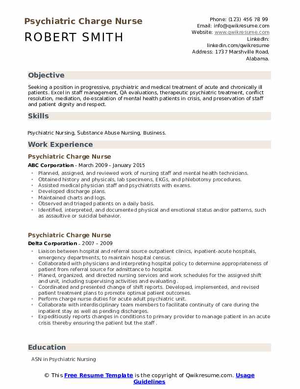 Psychiatric Charge Nurse Resume Samples QwikResume