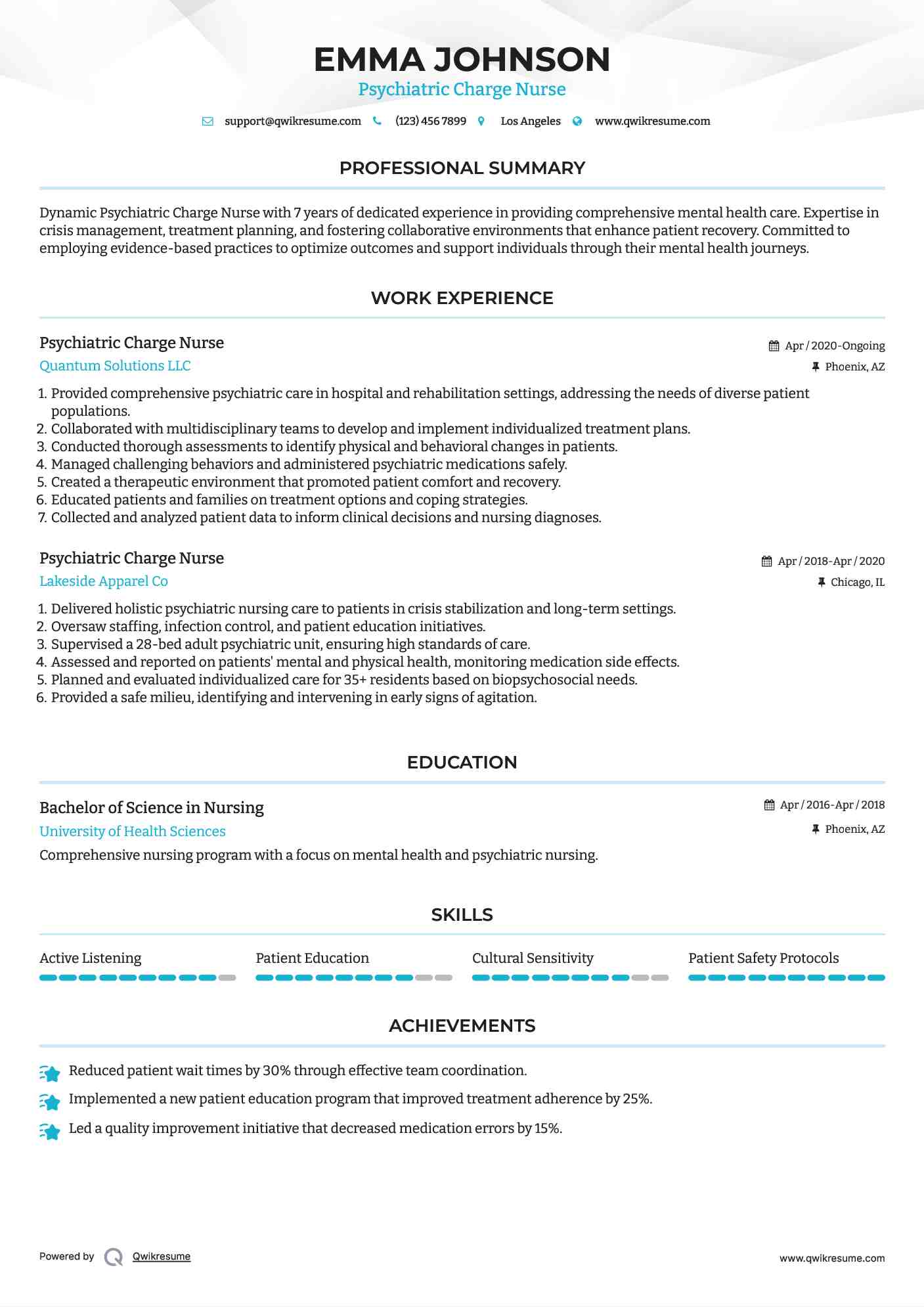 Psychiatric Charge Nurse Resume Example