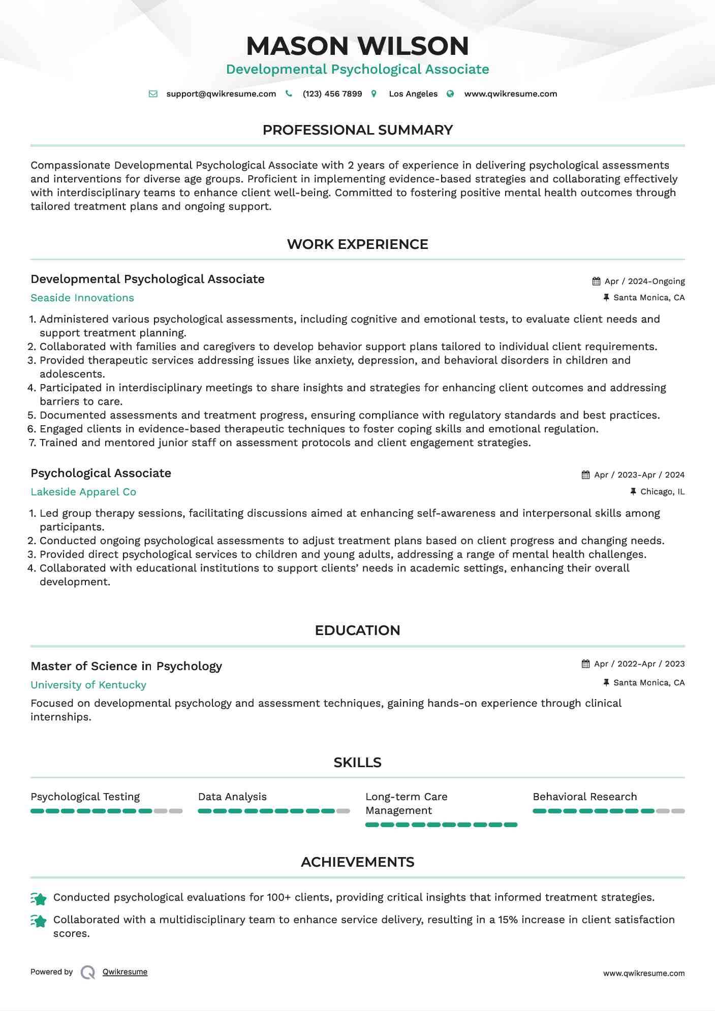 Developmental Psychological Associate Resume Example