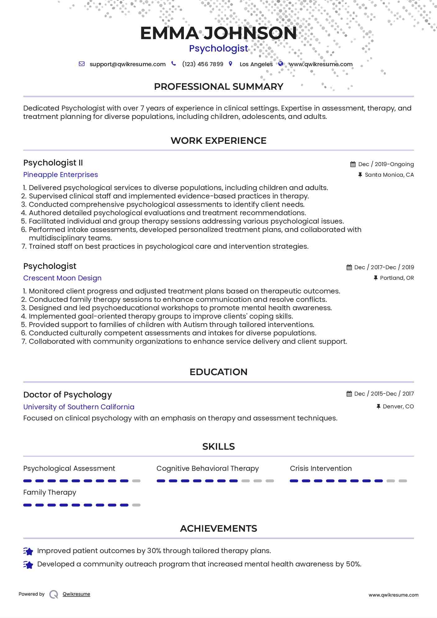 Psychologist II Resume Sample