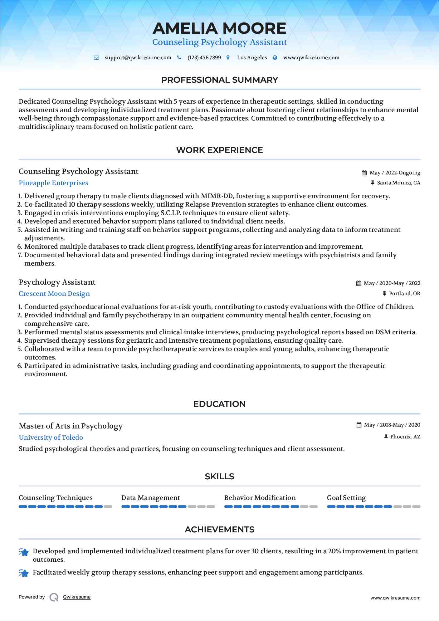 Counseling Psychology Assistant Resume Format
