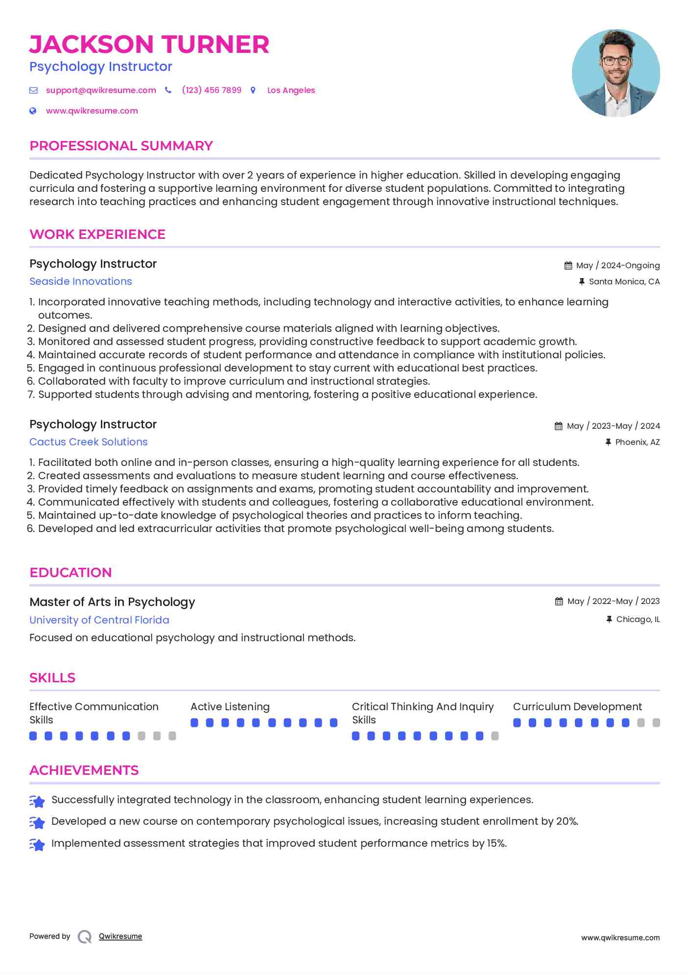 Psychology Instructor Resume Sample
