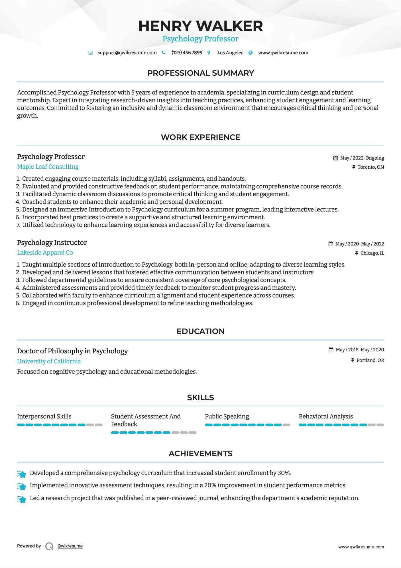Psychology Professor Resume Template