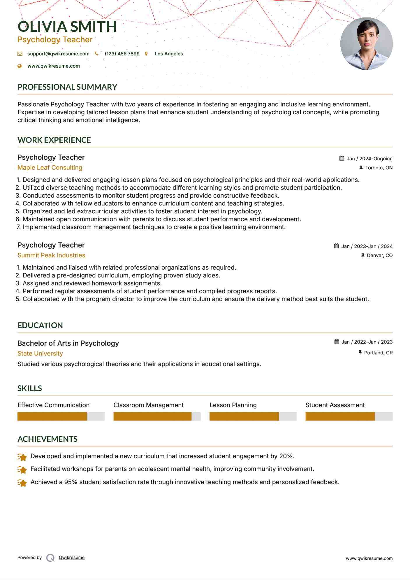 Psychology Teacher Resume Format