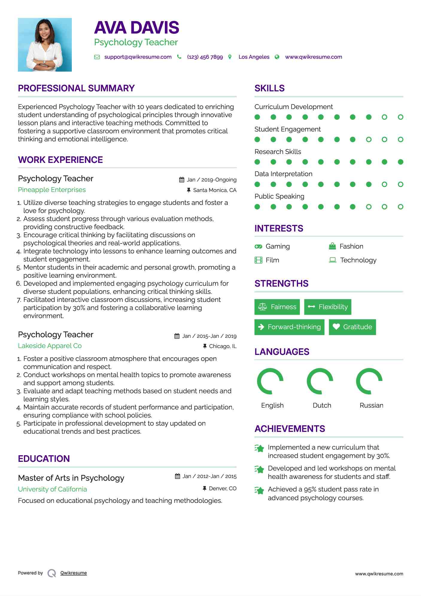 Psychology Teacher Resume Model