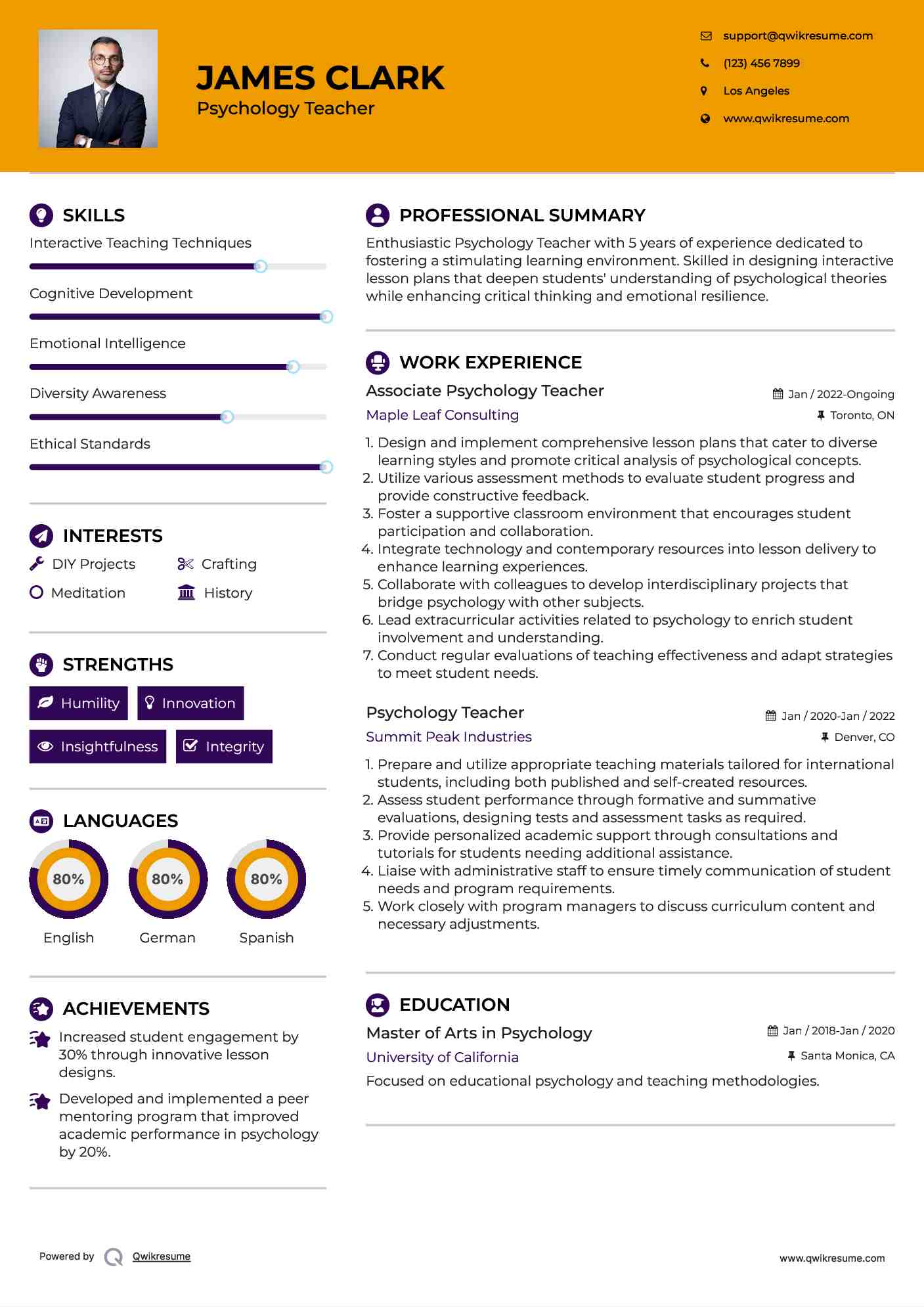 Associate Psychology Teacher Resume Example