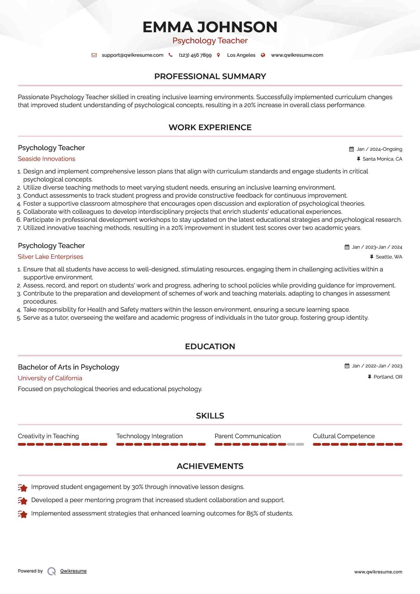 Psychology Teacher Resume Model