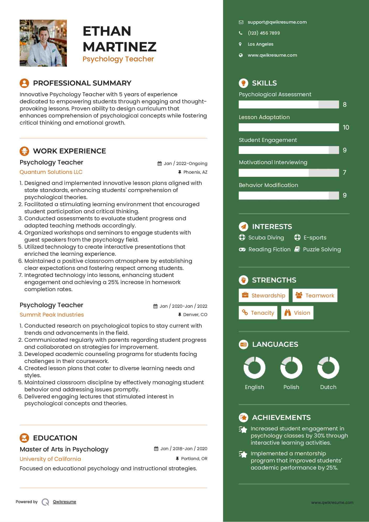 Psychology Teacher Resume Sample