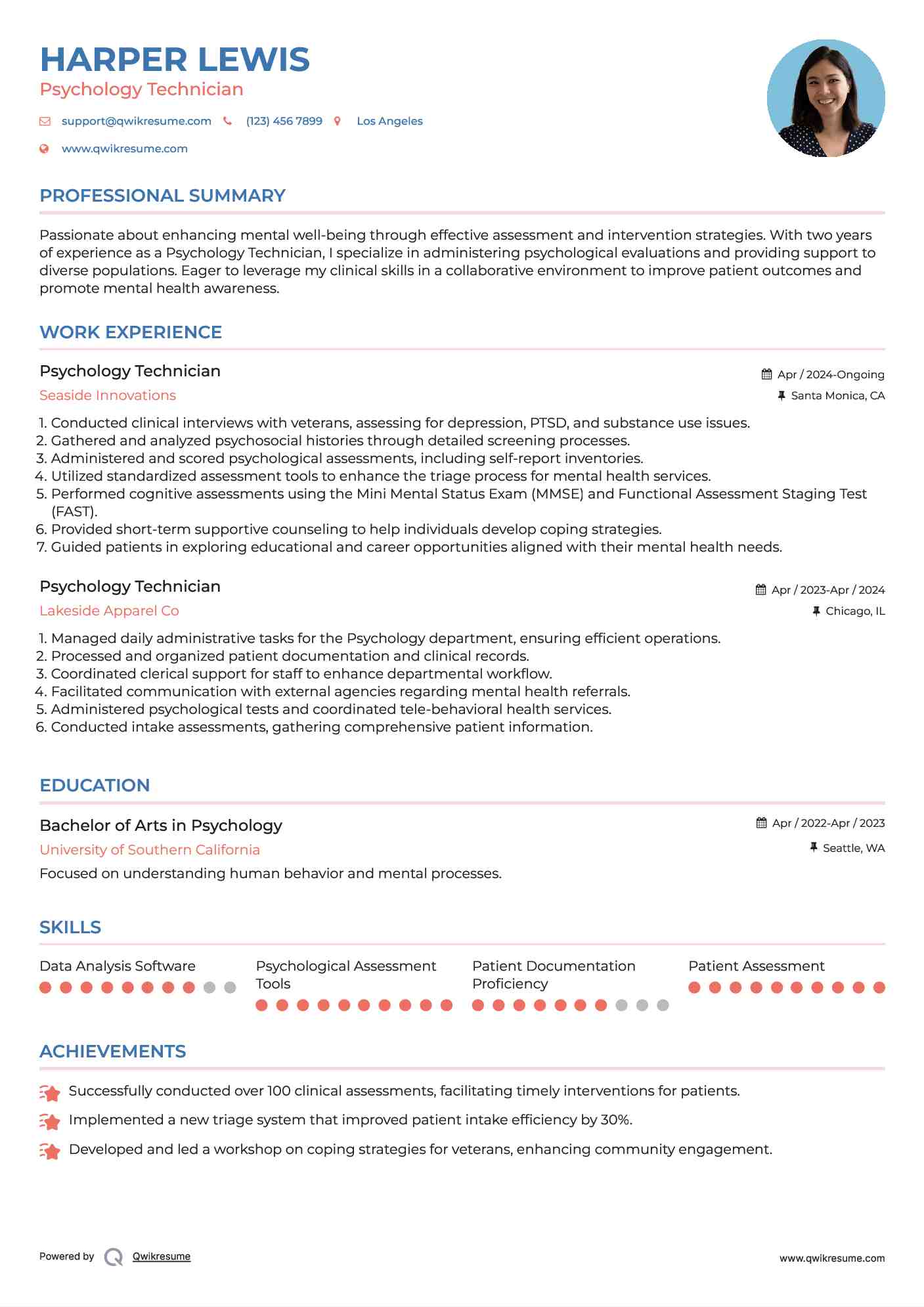 Psychology Technician Resume Sample
