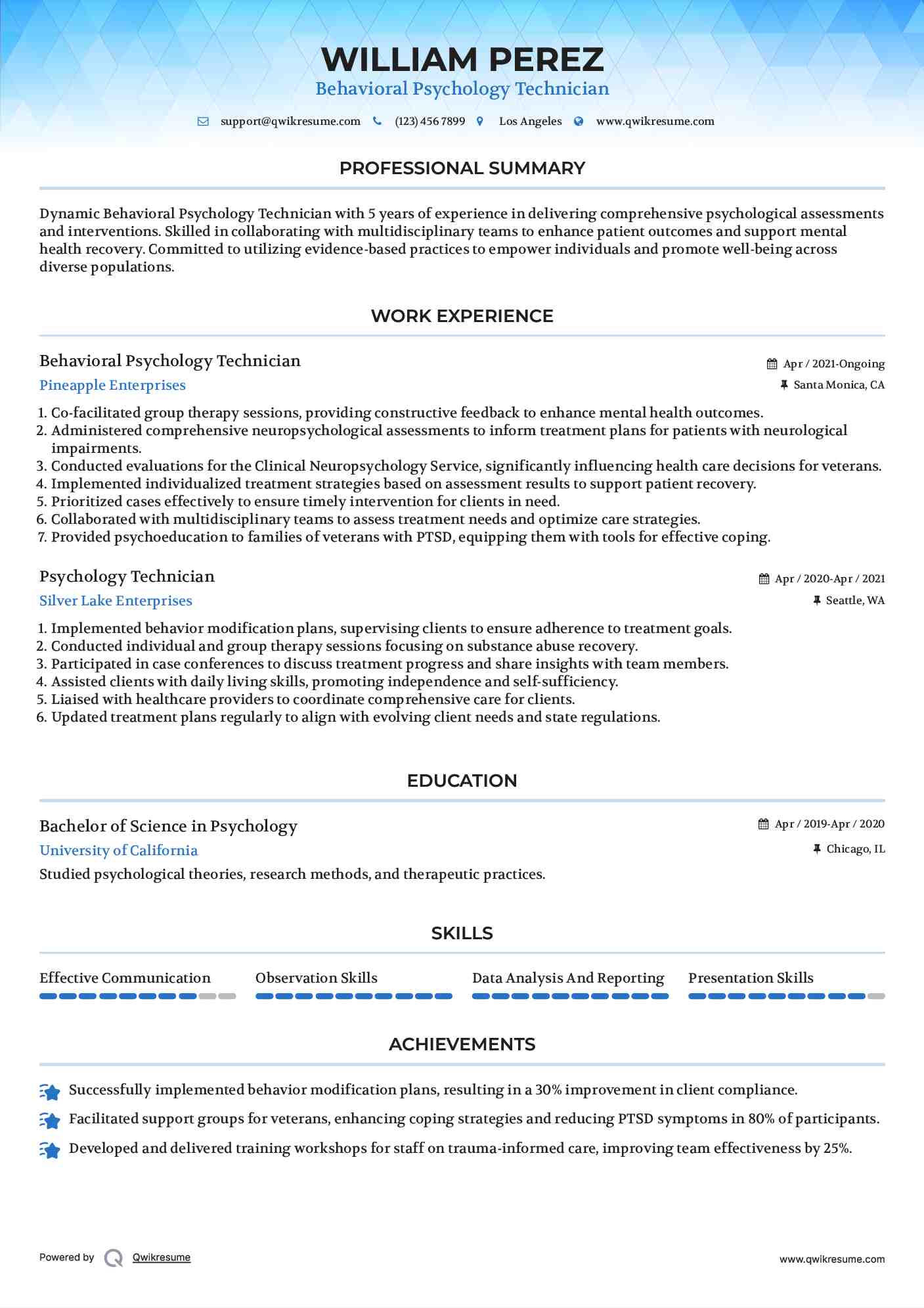 Psychology Technician Resume Samples QwikResume