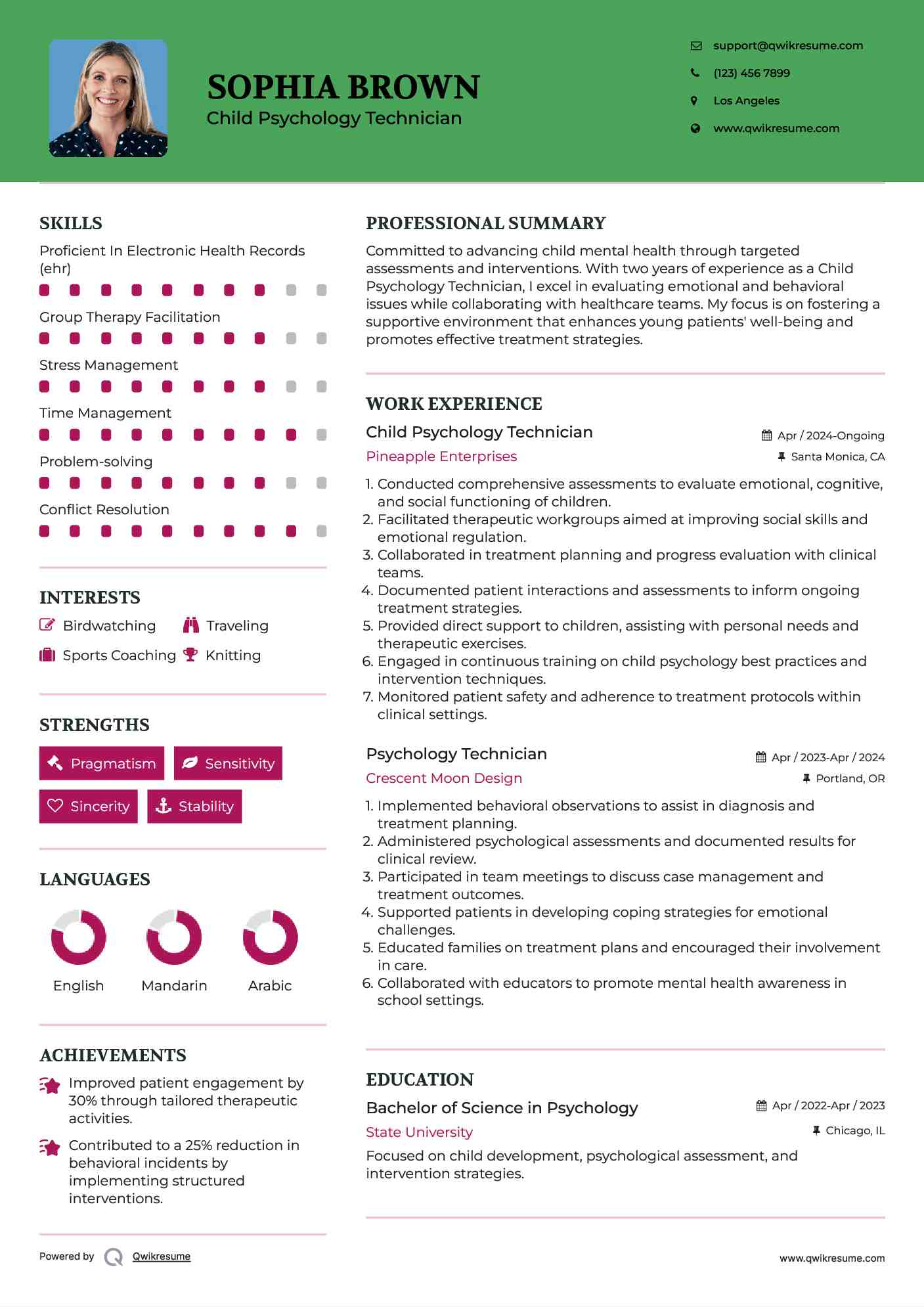 Child Psychology Technician Resume Sample