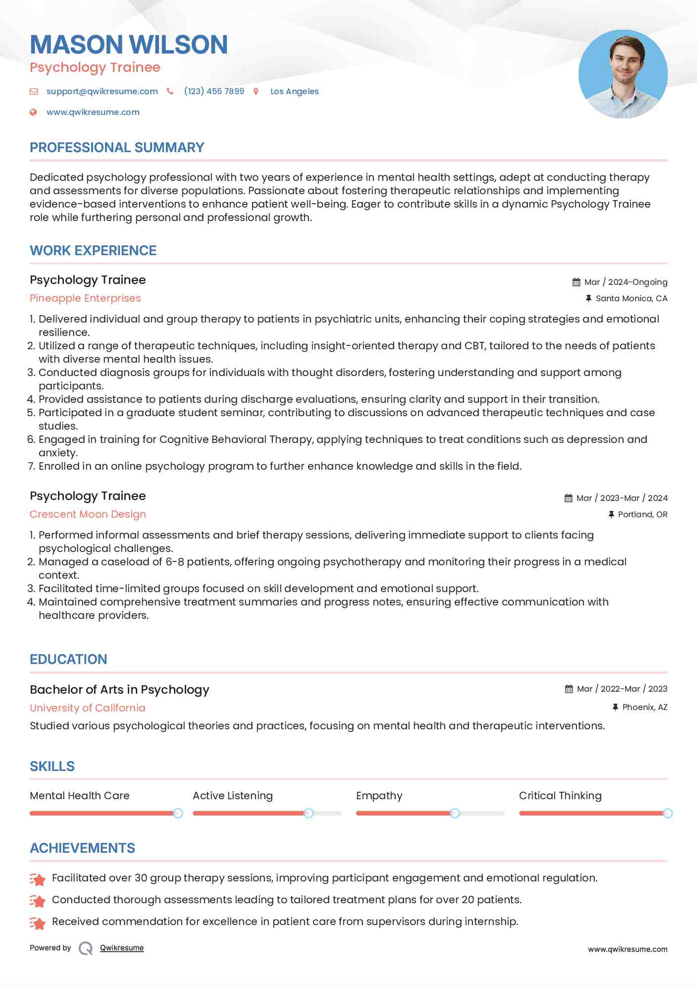 Psychology Trainee Resume Example