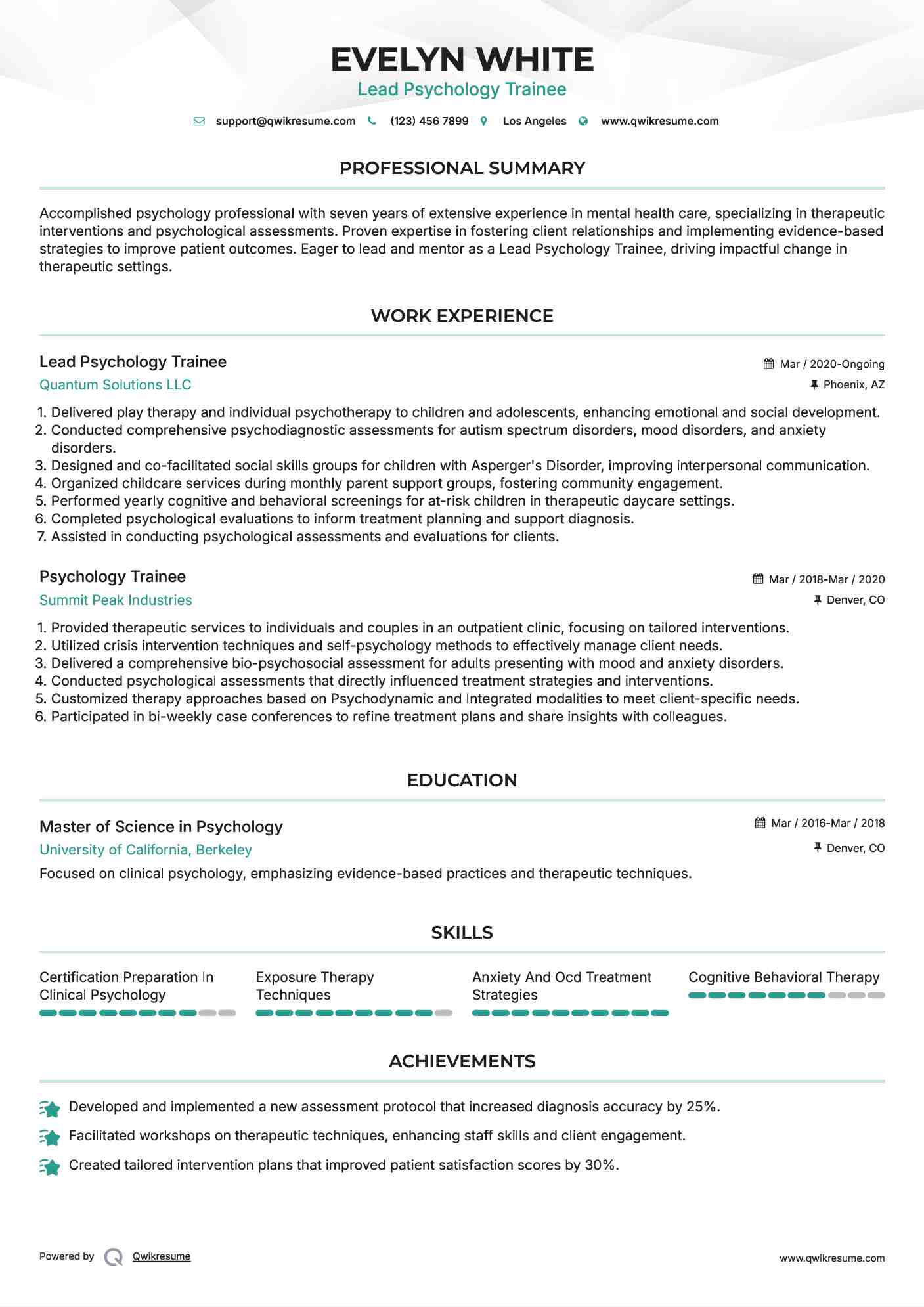 Lead Psychology Trainee Resume Sample