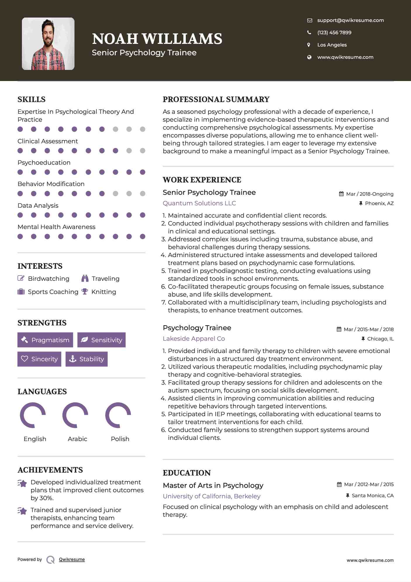 Senior Psychology Trainee Resume Example