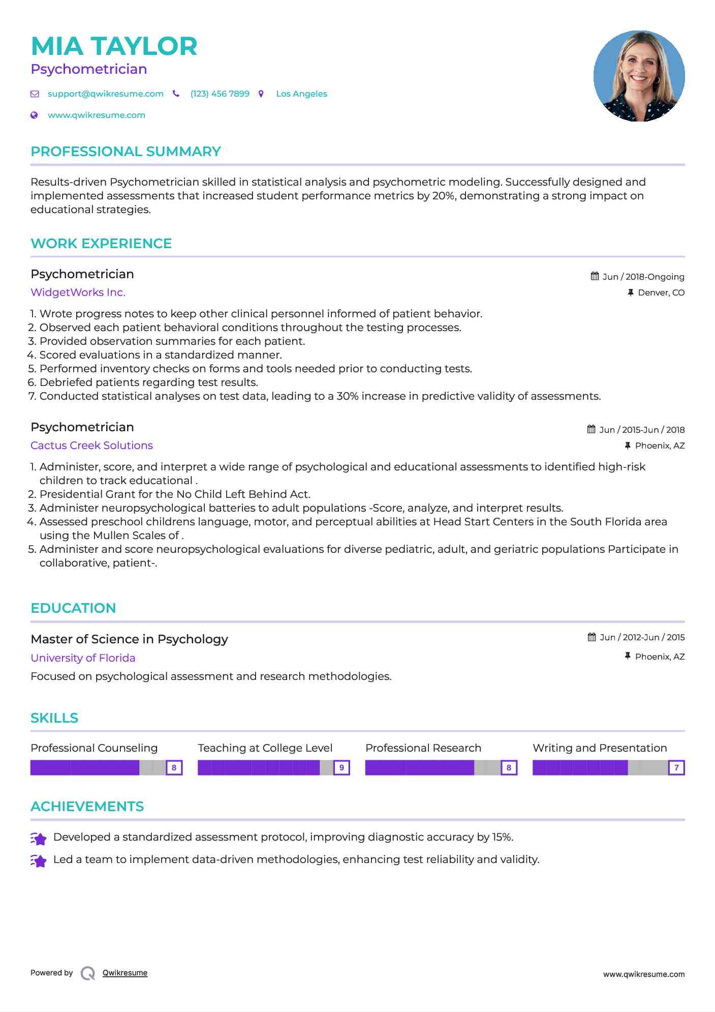 Psychometrician Resume Model