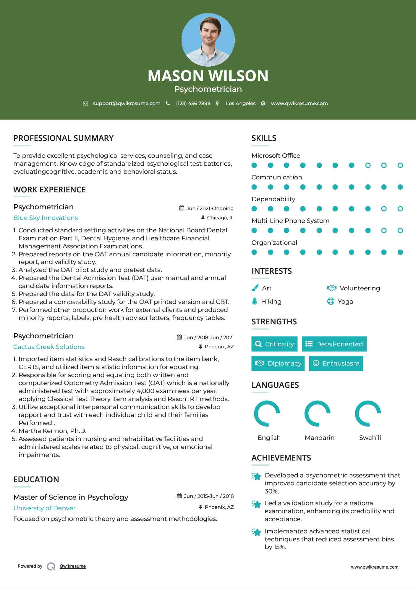 Psychometrician Resume Sample