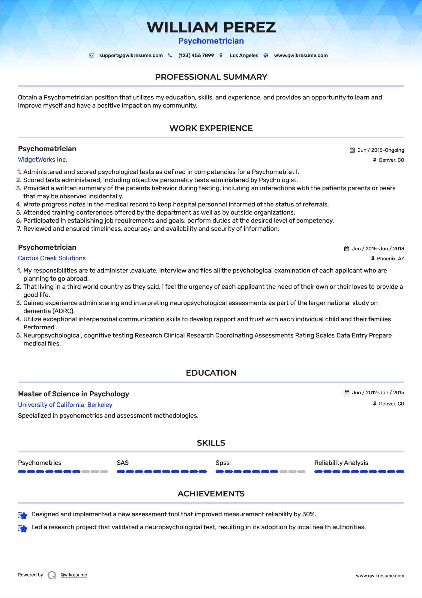 Psychometrician Resume Model