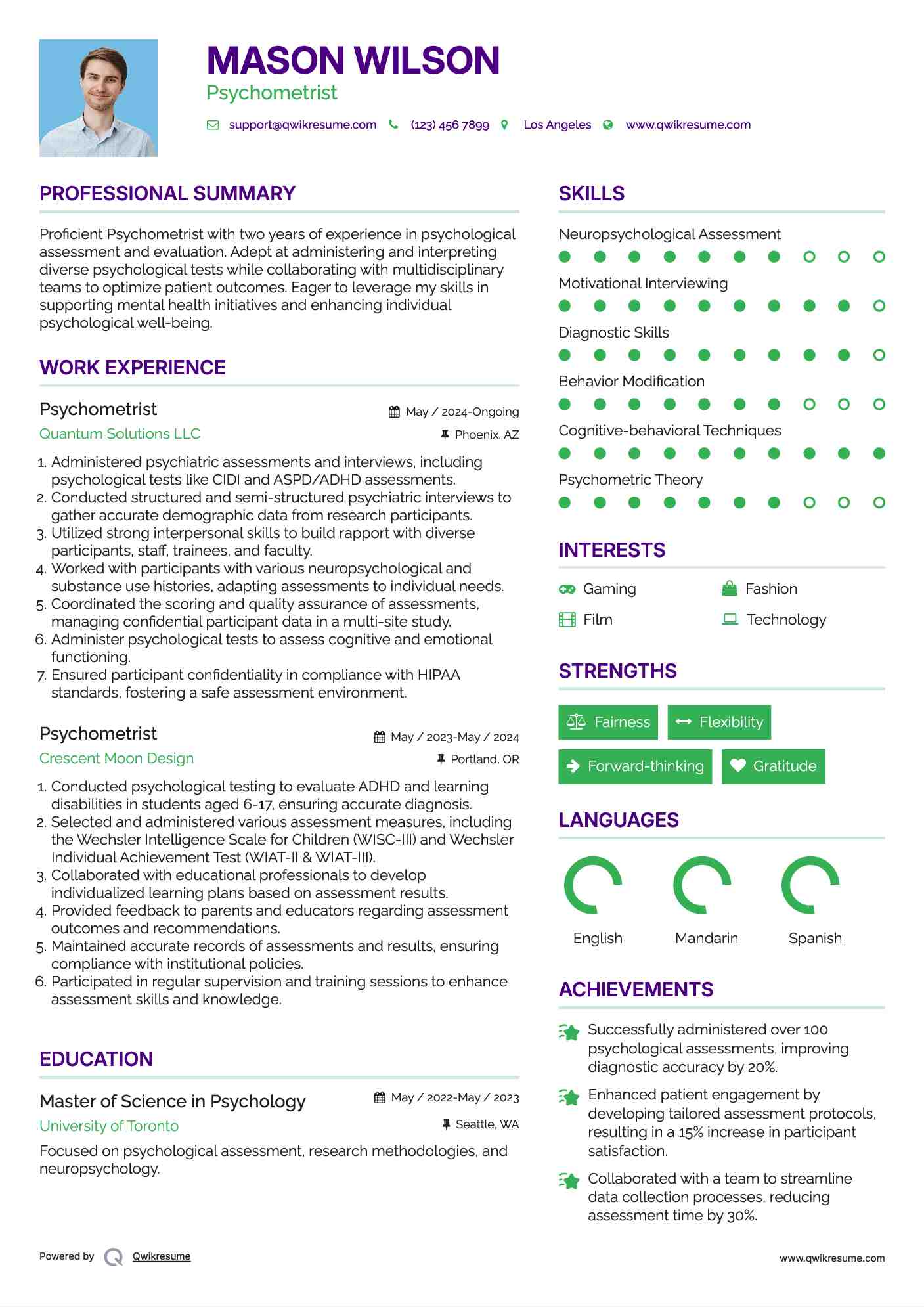 Psychometrist Resume Model